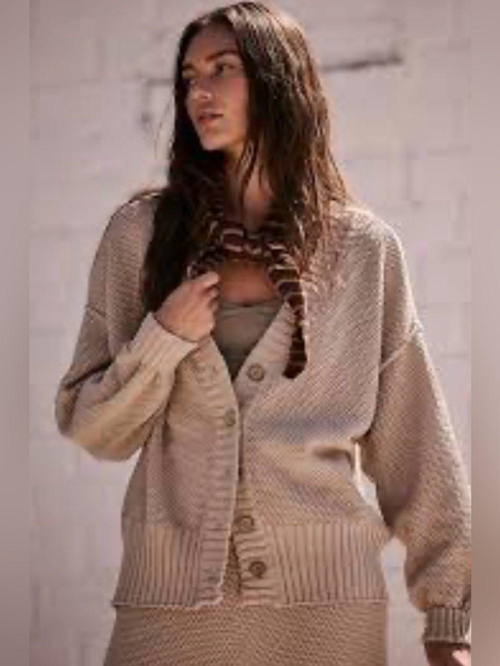 Neutral Beige Button-Front Women's 100% Cotton Cardigan Sweater